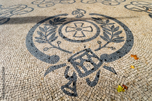 A variety of patterns of paving slabs on the pedestrian zones of Lisbon. Portugal in Autumn