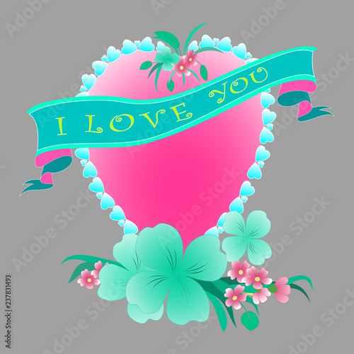 delicate, beautiful greeting card ,banner. The inscription "I love you". Heart in flowers . gray. Vector,