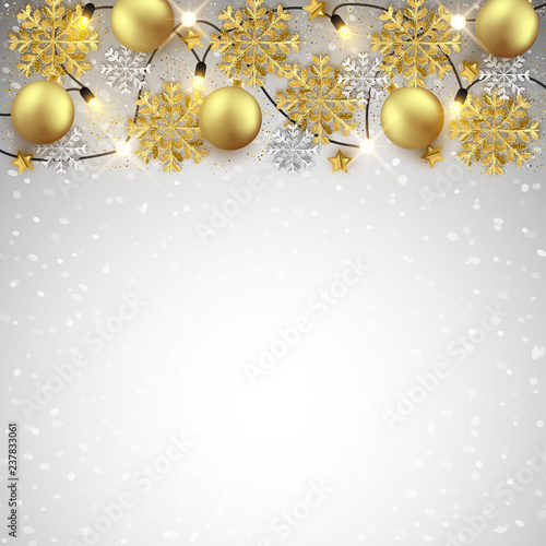 Merry Christmas New Year background design, decorative baubles and glitter snowflakes frame, vector illustration