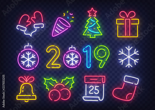 Isolated icon Christmas set. Happy New Year. Set neon icon, label, emblem. Bright signboard, light banner. Vector illustration