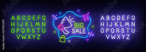 Big sale neon sign, bright signboard, light banner. Sale logo. Neon sign creator. Neon text edit. Vector illustration