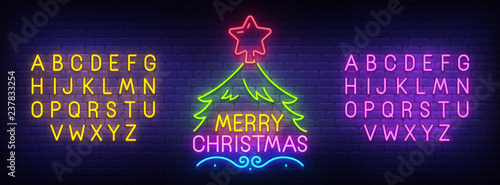 Merry Christmas neon sign, bright signboard, light banner. Christmas and Happy New Year logo. Neon sign creator. Neon text edit. Vector illustration