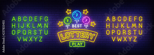 Lottery neon sign, bright signboard, light banner. Lotto logo. Neon sign creator. Neon text edit. Vector illustration