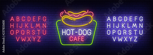 Hot Dog neon sign, bright signboard, light banner. Fast Food logo. Neon sign creator. Neon text edit. Design template. Vector illustration