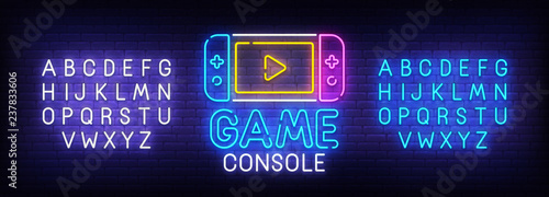 Game console neon sign, bright signboard, light banner. Game logo. Neon sign creator. Neon text edit. Design template. Vector illustration