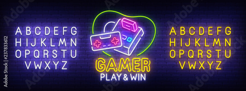 Gamer neon sign, bright signboard, light banner. Games logo. Neon sign creator. Neon text edit. Design template. Vector illustration