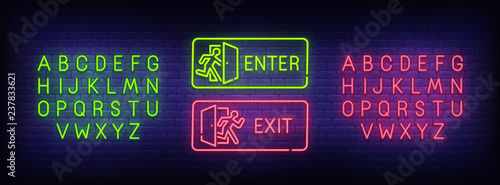 Enter neon sign, Exit neon sign. bright signboard, light banner. Neon text edit. Design template. Vector illustration
