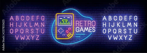 Retro Game neon sign, bright signboard, light banner. Game console logo. Neon sign creator. Neon text edit. Design template. Vector illustration