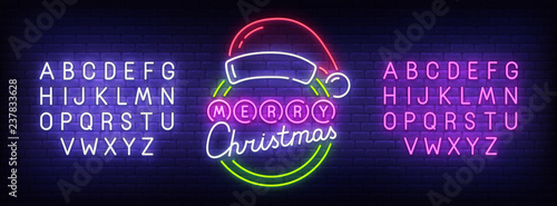 Merry Christmas neon sign, bright signboard, light banner. Merry Christmas and Happy New Year logo. Neon sign creator. Neon text edit. Design template. Vector illustration