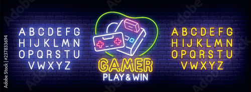 Gamer neon sign, bright signboard, light banner. Games logo. Neon sign creator. Neon text edit. Design template. Vector illustration