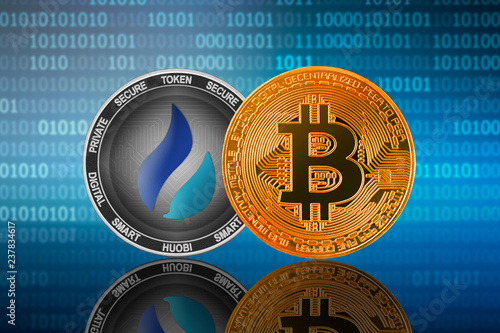 Bitcoin (BTC) and Huobi Token (HT) on the binary code background; bitcoin vs huobi photo