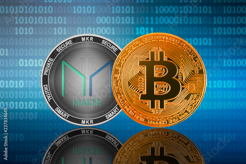 Bitcoin (BTC) and Maker (MKR) coin on the binary code background; bitcoin vs maker photo