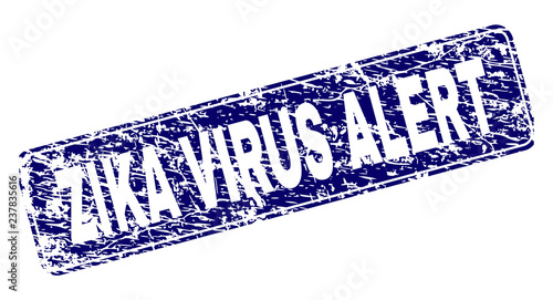 ZIKA VIRUS ALERT stamp seal print with grunge style. Seal shape is a rounded rectangle with frame. Blue vector rubber print of ZIKA VIRUS ALERT label with grunge texture.
