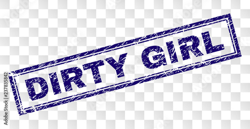 DIRTY GIRL stamp seal imprint with rubber print style and double framed rectangle shape. Stamp is placed on a transparent background.