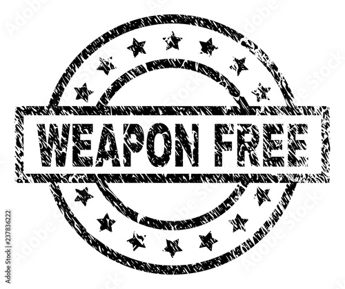 WEAPON FREE stamp seal watermark with distress style. Designed with rectangle, circles and stars. Black vector rubber print of WEAPON FREE tag with unclean texture.