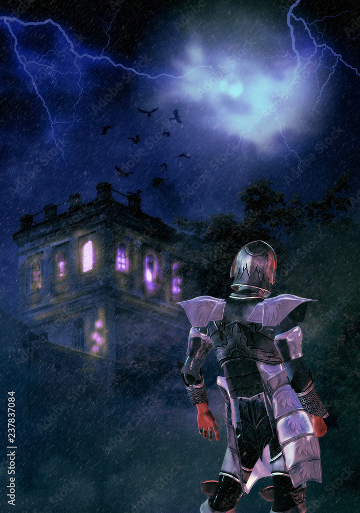 Fototapeta premium Creepy night castle and knight