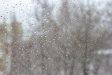 Raindrops on window with tree background. Snow and rain weather. Bubble background. Rain drops on glass.