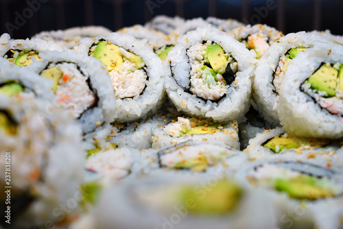 Bowl of California roll sushi with surimi imitation crab and avocado