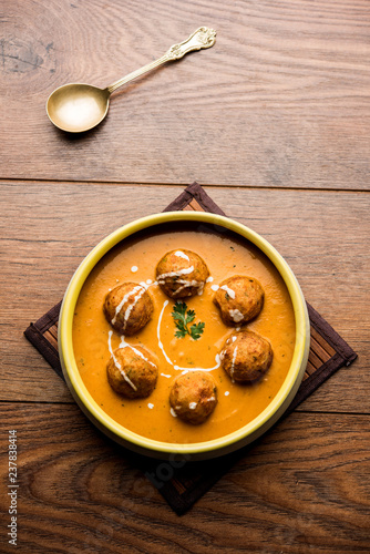 Malai Kofta Curry is a Mughlai special recipe served in a bowl. Selective focus