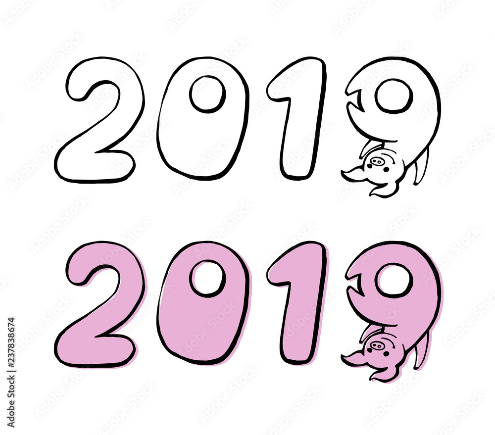 Set 2019 text design template with symbol of coming year - Pig. Happy new year and happy holidays collection. Hand-drawn illustration Isolated on white background. Set 2019 text design template with symbol of coming year - Pig. Happy new year and happy holidays collection. Hand-drawn illustration Isolated on white background.