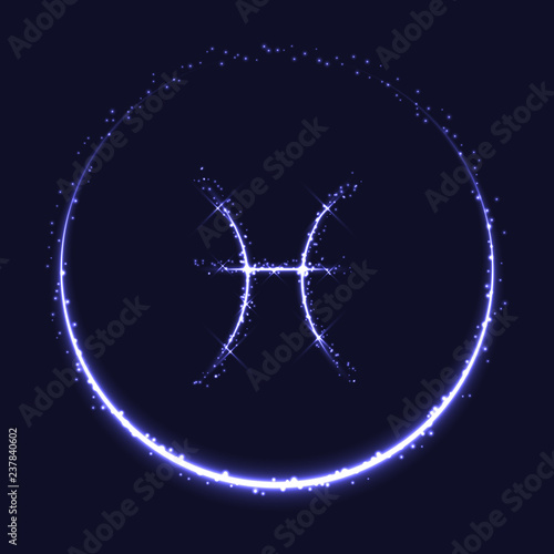 Astrological symbol of Pisces. Abstract vector shiny western Zodiac Horoscope sign and crescent moon on dark blue background.