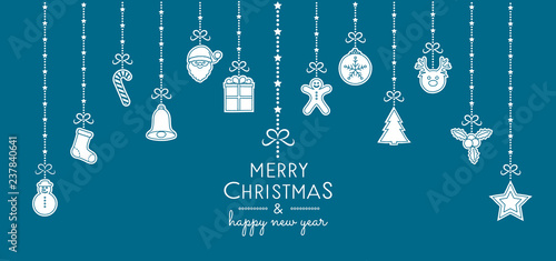 Design of Christmas greeting card with with hand drawn decorations. Vector.