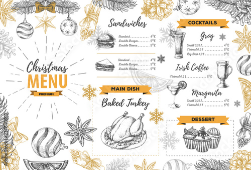 Hand drawing Christmas holiday menu design. Restaurant menu