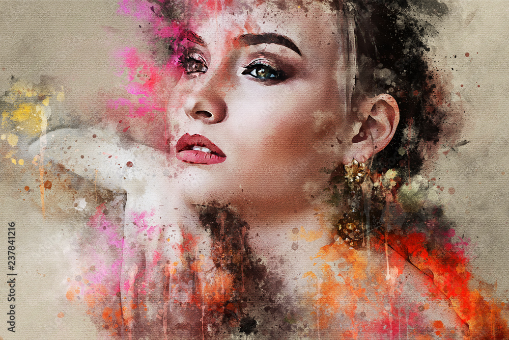 Art colorful sketched beautiful abstract girl face portrait on colored background in Digital watercolour mixed media style word fashion style model - obrazy, fototapety, plakaty 