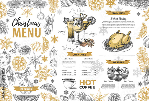 Hand drawing Christmas holiday menu design. Restaurant menu photo