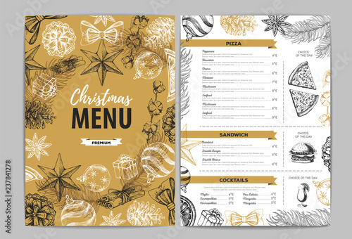 Hand drawing Christmas holiday menu design. Restaurant menu