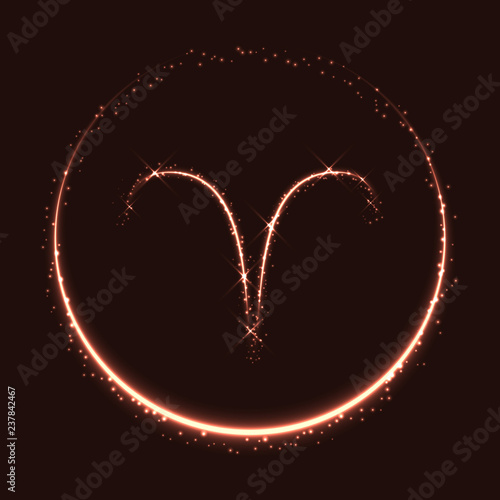 Astrological symbol of Aries. Abstract vector shiny western Zodiac Horoscope sign and crescent moon on dark red background.