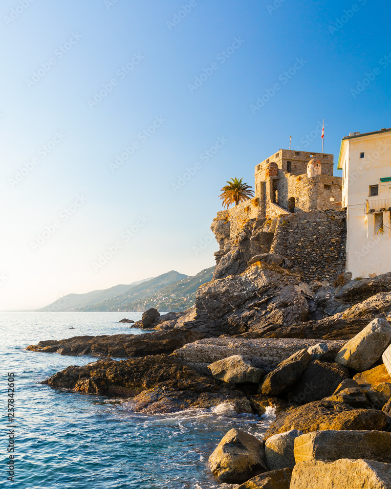 Scenic Mediterranean riviera coast. Panoramic view of Camogli town in Liguria, Italy