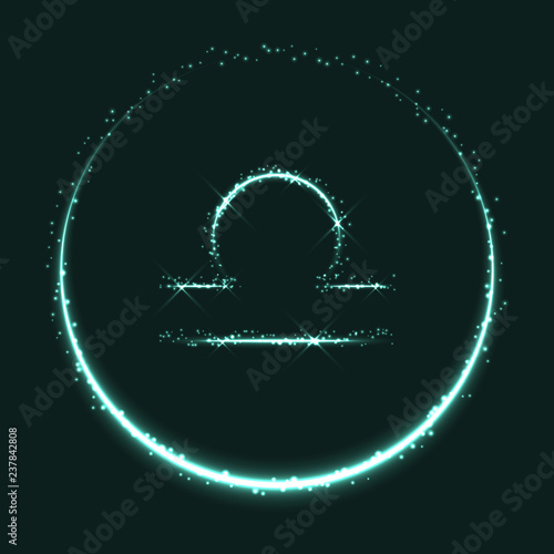 Astrological symbol of Libra. Abstract vector shiny western Zodiac Horoscope sign and crescent moon on dark teal blue background.