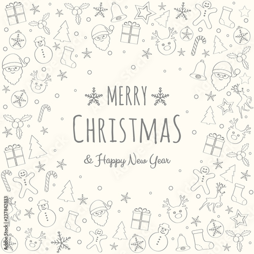 Design of Christmas postcard with wishes and hand drawn ornaments. Vector.