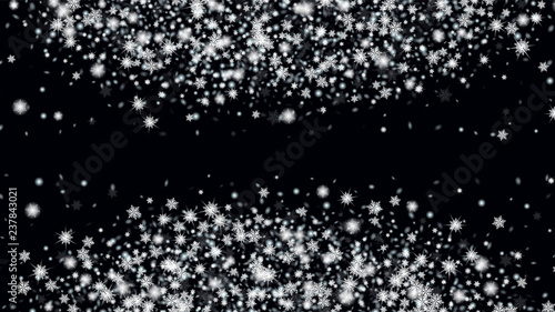 Glitter Snowflakes Background. Macro snowflakes flying border illustration. Holiday Illustration for Merry Christmas Card. Dark base.