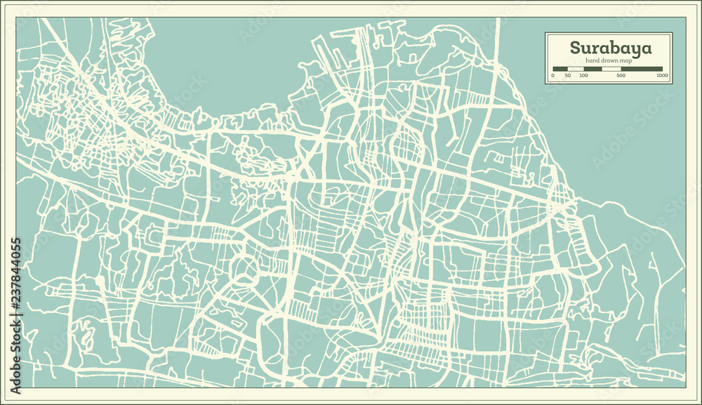 Surabaya Indonesia City Map in Retro Style. Outline Map.