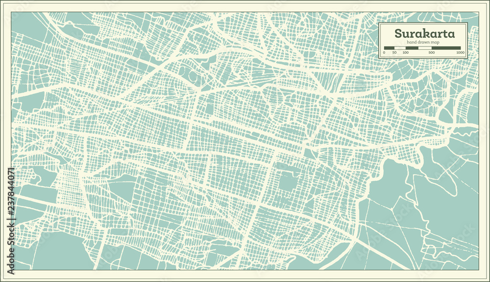 Surakarta Indonesia City Map in Retro Style. Outline Map. Surakarta Indonesia City Map in Retro Style. Outline Map.