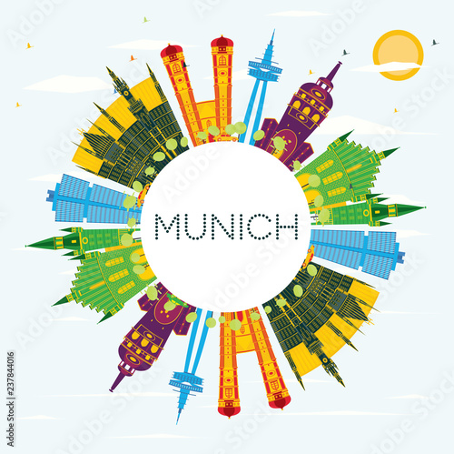 Munich Germany City Skyline with Color Buildings, Blue Sky and Copy Space.