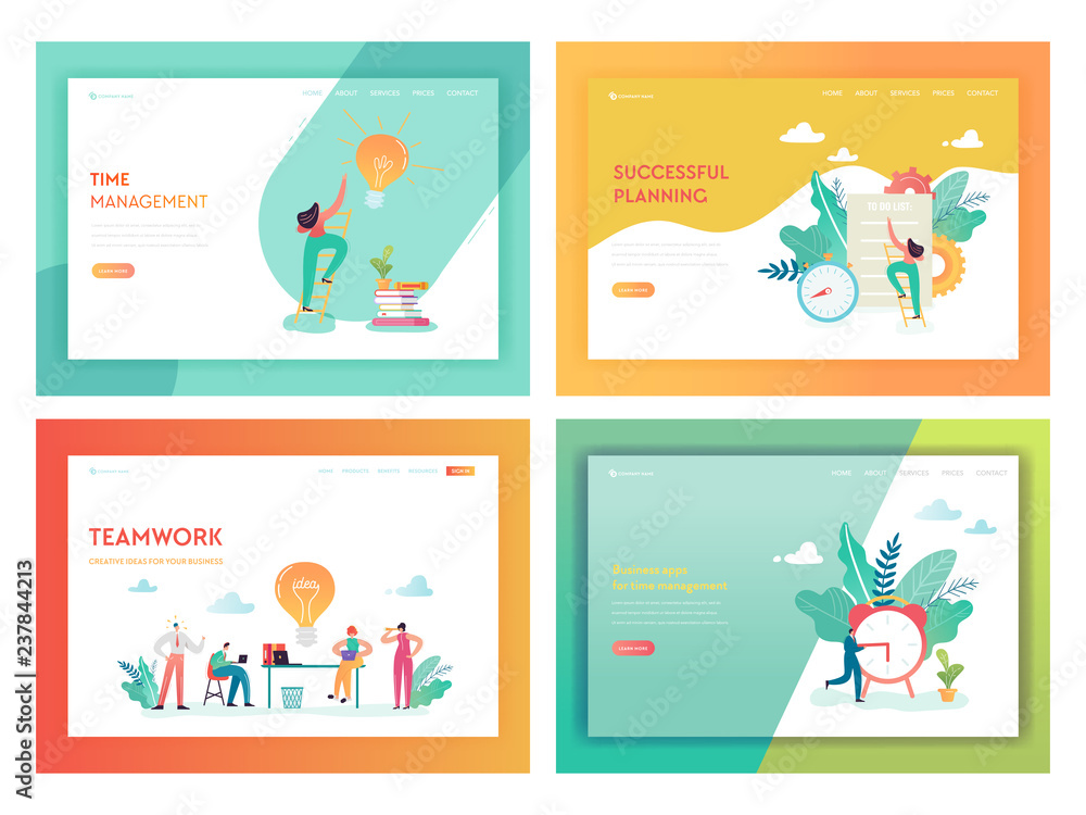 Teamwork Time Management Landing Page Template. Business Planning Strategy Concept with Characters Working on Creative Idea for Website or Web Page. Vector illustration