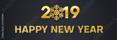 Happy New Year 2019 festive banner with golden shiny snowflake.
