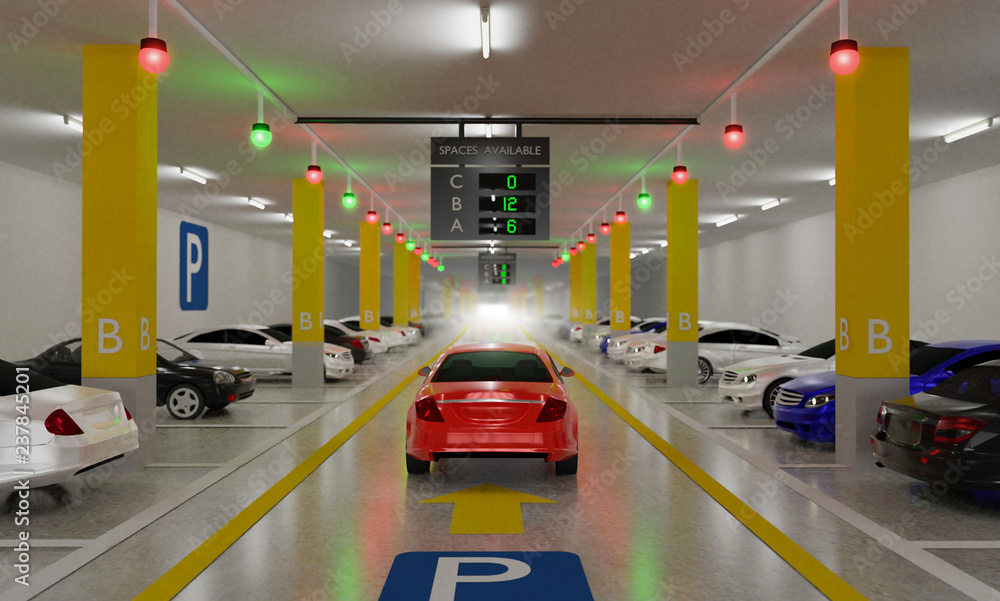 Smart Parking lot Guidance System with Overhead Indicators, Intelligent  sensors assist control/monitor, Efficient management, 3D Rendering  Illustration Stock | Adobe Stock
