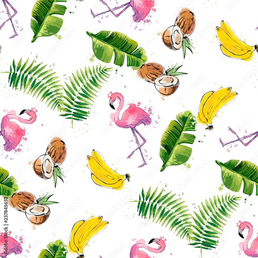 Obraz premium Seamless pattern with tropical leaves, coconuts, bananas and flamingos.