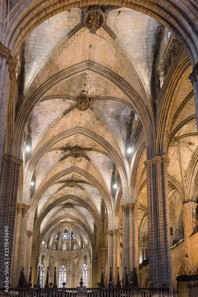 Interior of Cathedral of the Holy Cross and Saint Eulalia in Barcelona, Spain