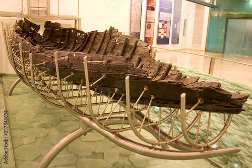 Jesus’ Boat. Old boat uncovered in the sea of Galilee, from the photo