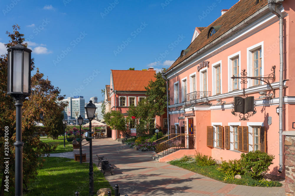 Minsk, Belarus - September 27, 2017: Traetskae Pradmestse (Trinity Suburb) - historical center of Minsk, Belarus Minsk, Belarus - September 27, 2017: Traetskae Pradmestse (Trinity Suburb) - historical center of Minsk, Belarus