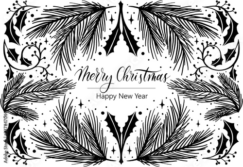 Merry christmas and happy new year - hand lettering vector card. Typographical Background With Christmas Elements.
