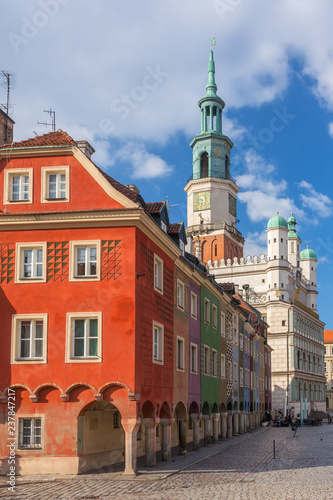Colorful houses and Town hall on Poznan Old Market Square, Poland.