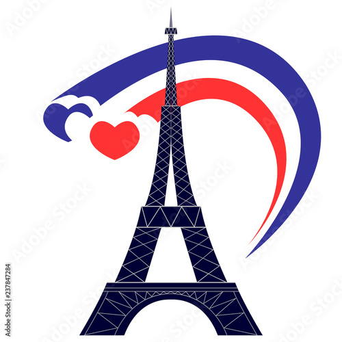 Silhouette of the Eiffel Tower and the three hearts of the colors of the flag of France. Isolated color illustration on white background.