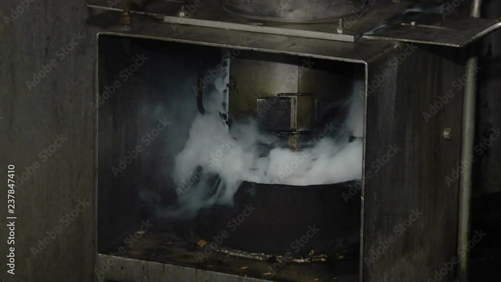 Meat industry. Sausages production on food processing factory. Smoking pork sausages, food preparation process of cured pork meat delicacy in smokehouse. Smoke generator for smoking sausages. Meat industry. Sausages production on food processing factory. Smoking pork sausages, food preparation process of cured pork meat delicacy in smokehouse. Smoke generator for smoking sausages.
