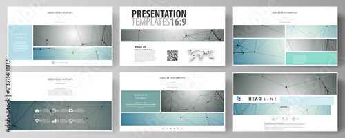Business templates in HD format for presentation slides. Vector layouts in flat design. Geometric background, connected line and dots. Molecular structure. Scientific, medical, technology concept.